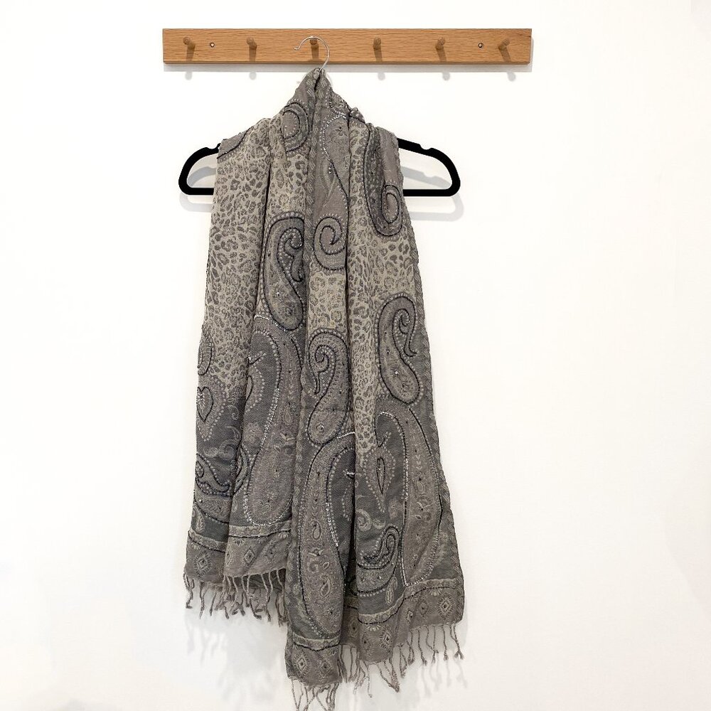 Silver Beaded 100% Wool Scarf with Fringe
